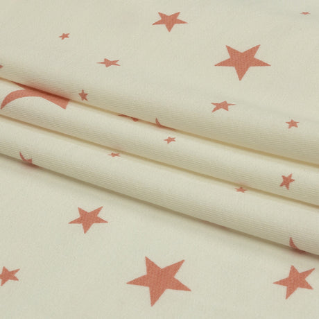Cloud Dancer and Coral Almond Stars Stretch Polyester and Rayon French Terry