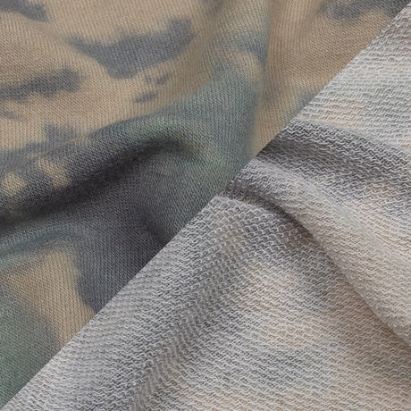 Beige, Gray and Mint Tie Dye Splash Stretch Polyester and Rayon French Terry