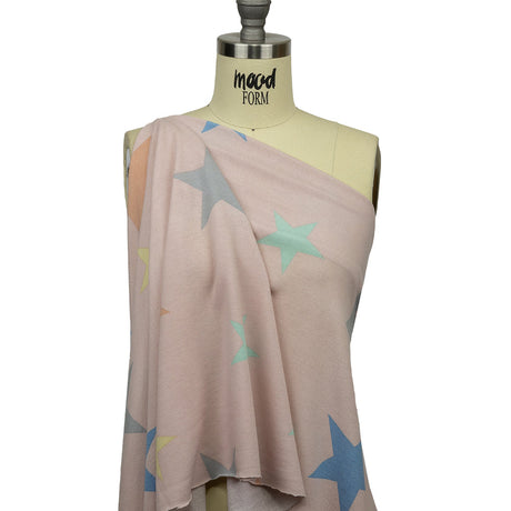 Pink and Rainbow Stars Stretch Polyester and Rayon French Terry