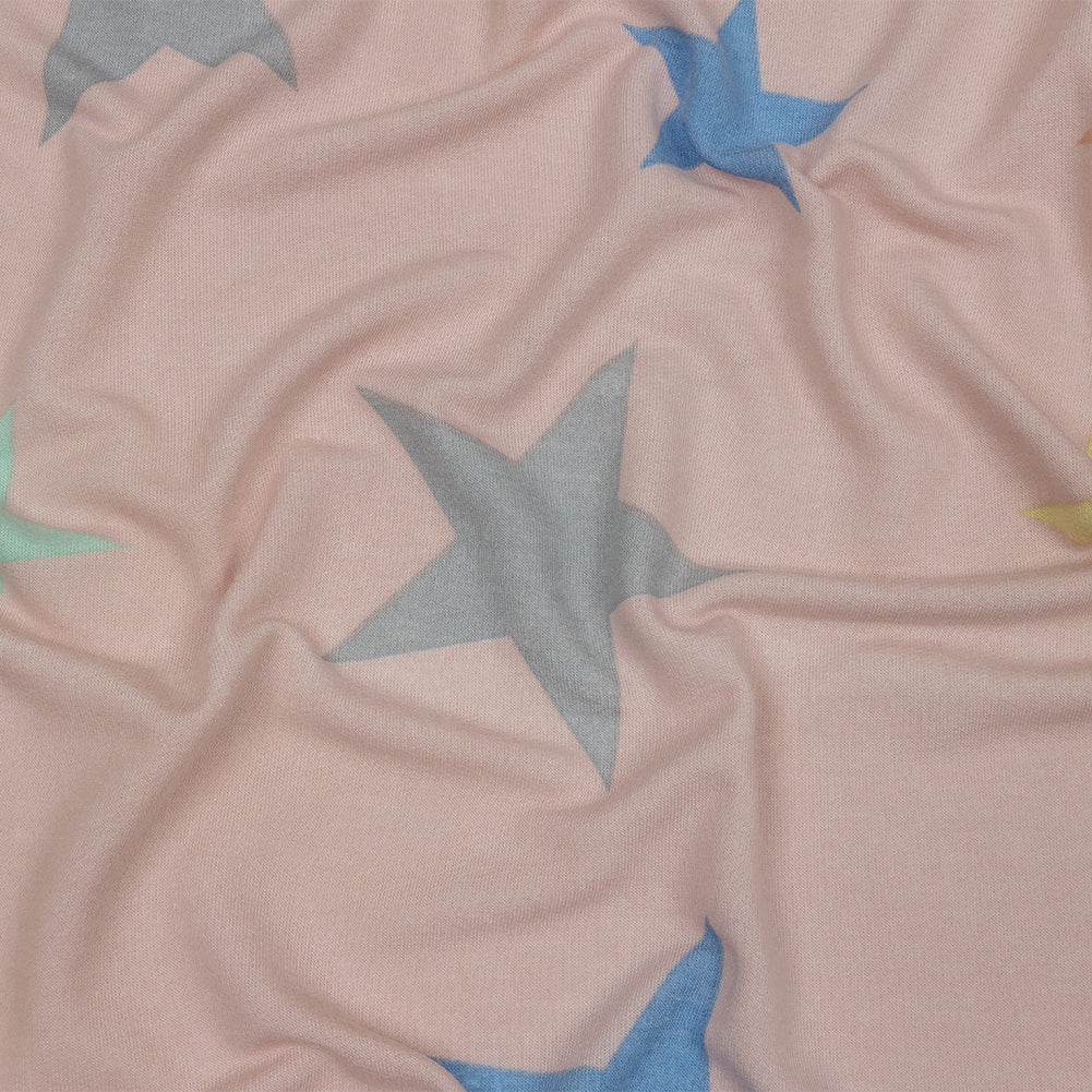 Pink and Rainbow Stars Stretch Polyester and Rayon French Terry