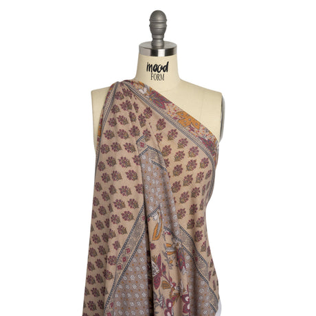 Tan, Red and Orange Rustic Floral Stripes Stretch Polyester and Rayon French Terry