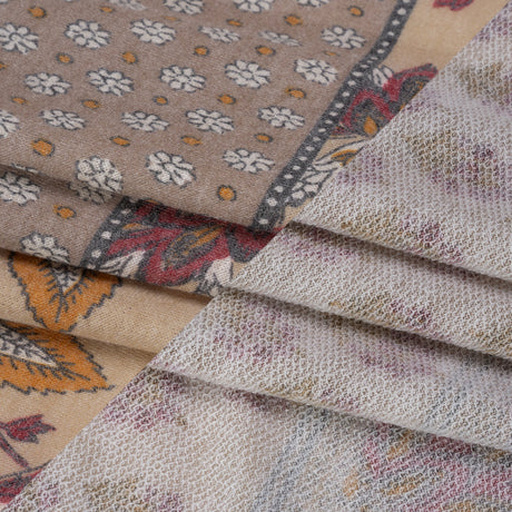 Tan, Red and Orange Rustic Floral Stripes Stretch Polyester and Rayon French Terry