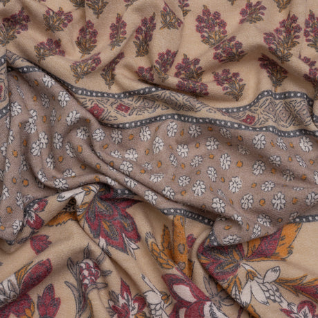 Tan, Red and Orange Rustic Floral Stripes Stretch Polyester and Rayon French Terry