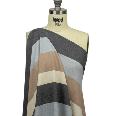 Charcoal, Gray and Beige Stripes Stretch Polyester and Rayon French Terry