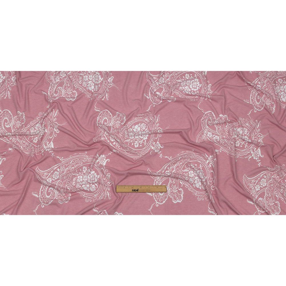 Pink and White Fancy Paisley Polyester and Rayon Jersey