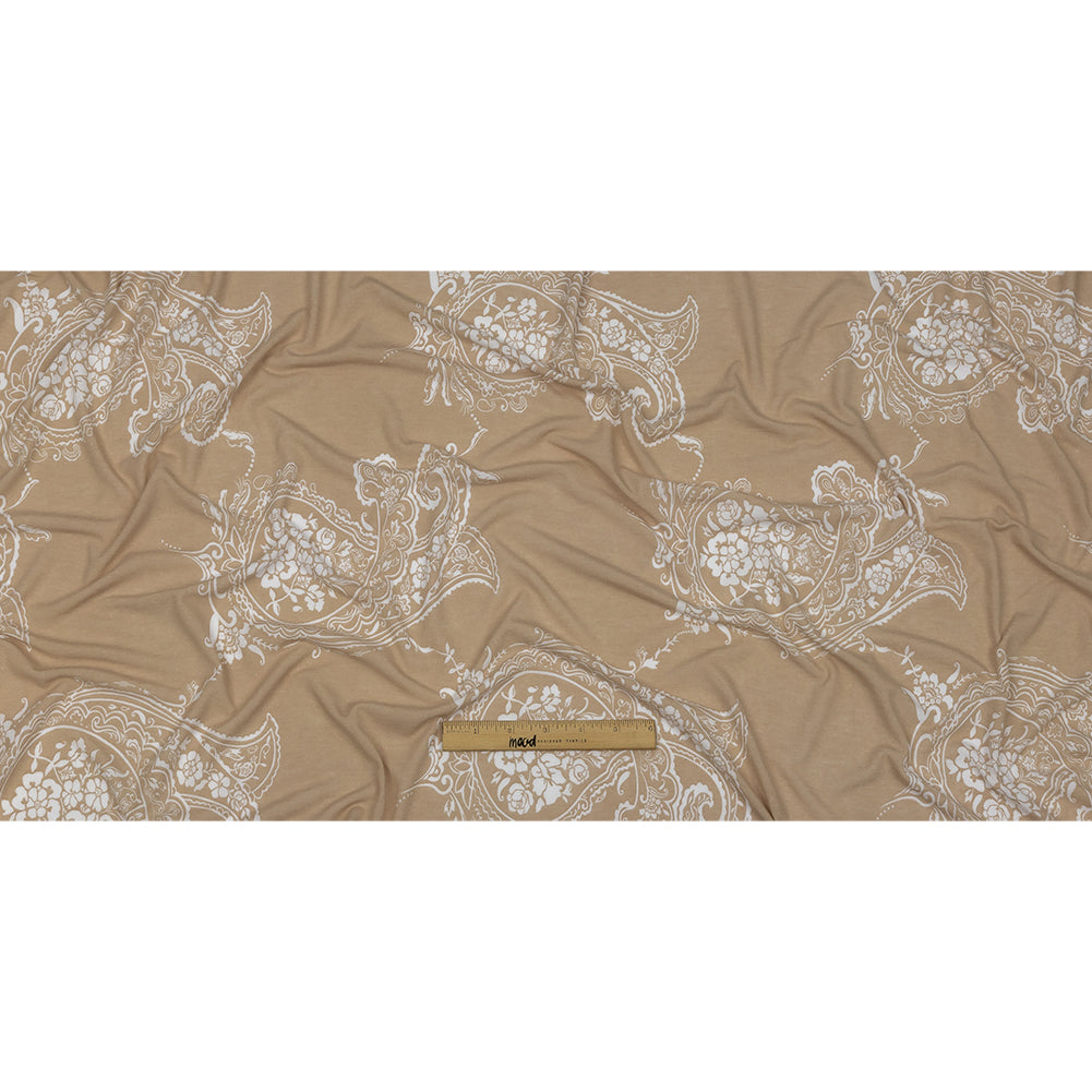 Beige and White Fancy Paisley Polyester and Rayon Jersey