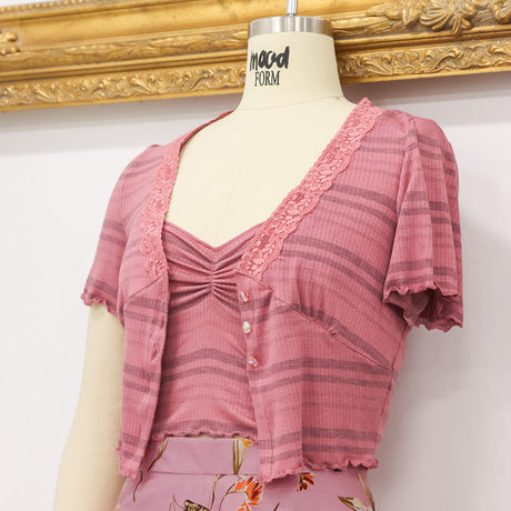 Rose and Charcoal Striped Stretch Rayon Rib Knit