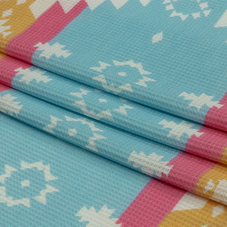 Pink, Yellow and Dream Blue Geometric and Striped Polyester and Rayon Waffle Knit