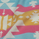 Pink, Yellow and Dream Blue Geometric and Striped Polyester and Rayon Waffle Knit