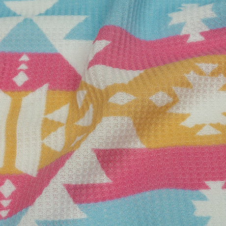 Pink, Yellow and Dream Blue Geometric and Striped Polyester and Rayon Waffle Knit