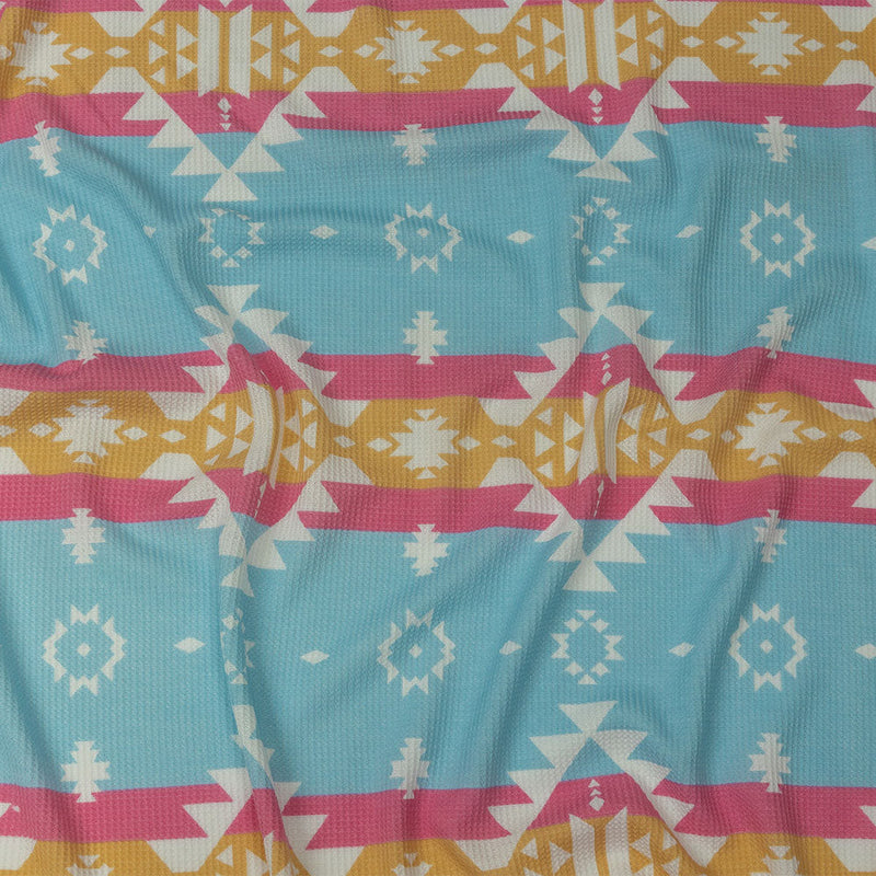 Pink, Yellow and Dream Blue Geometric and Striped Polyester and Rayon Waffle Knit