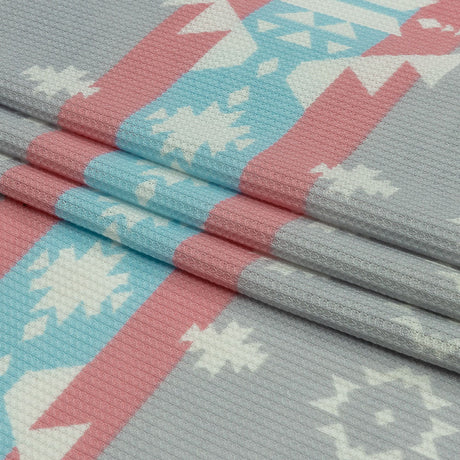 Pink, Sky Blue and Gray Geometric and Striped Polyester and Rayon Waffle Knit