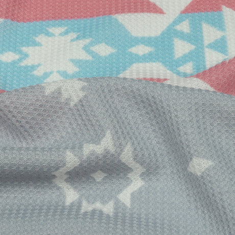 Pink, Sky Blue and Gray Geometric and Striped Polyester and Rayon Waffle Knit
