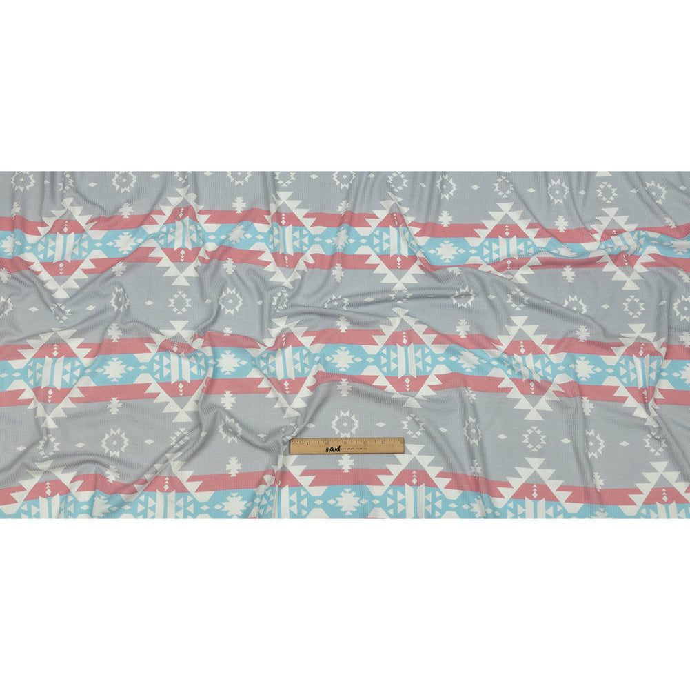 Pink, Sky Blue and Gray Geometric and Striped Polyester and Rayon Waffle Knit