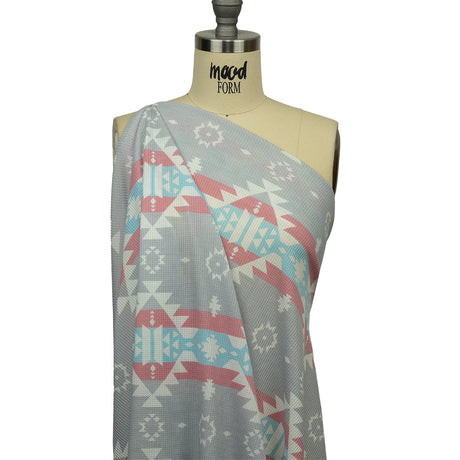 Pink, Sky Blue and Gray Geometric and Striped Polyester and Rayon Waffle Knit