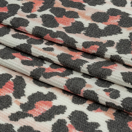 Gunmetal, Pink and Foggy Dew Leopard Spots Polyester and Rayon Waffle Knit