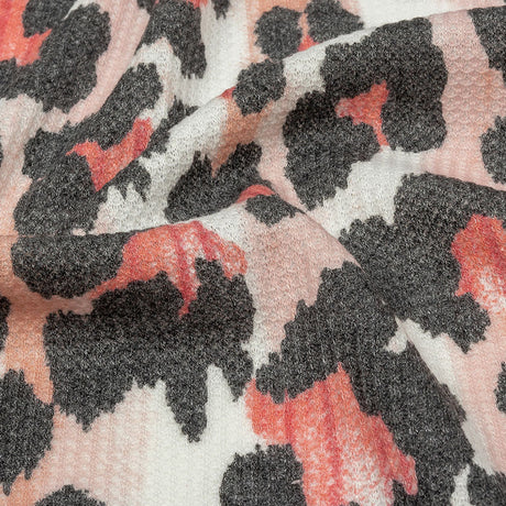 Gunmetal, Pink and Foggy Dew Leopard Spots Polyester and Rayon Waffle Knit