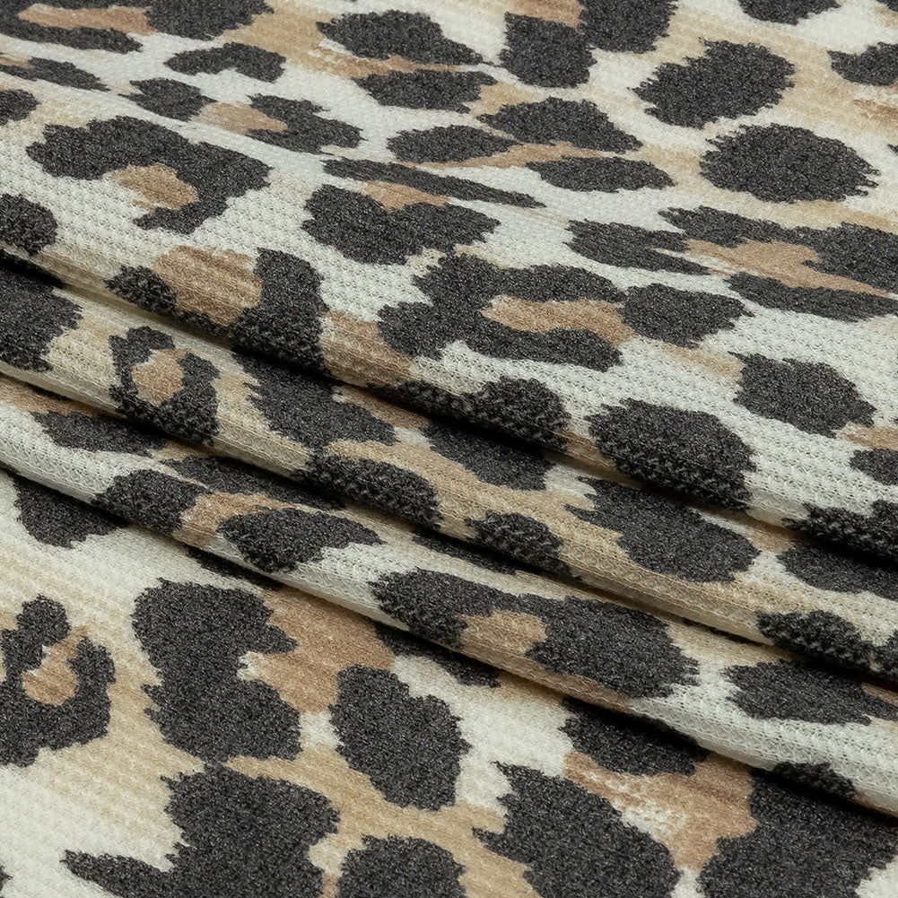 Black, Tan and White Leopard Spots Polyester and Rayon Waffle Knit