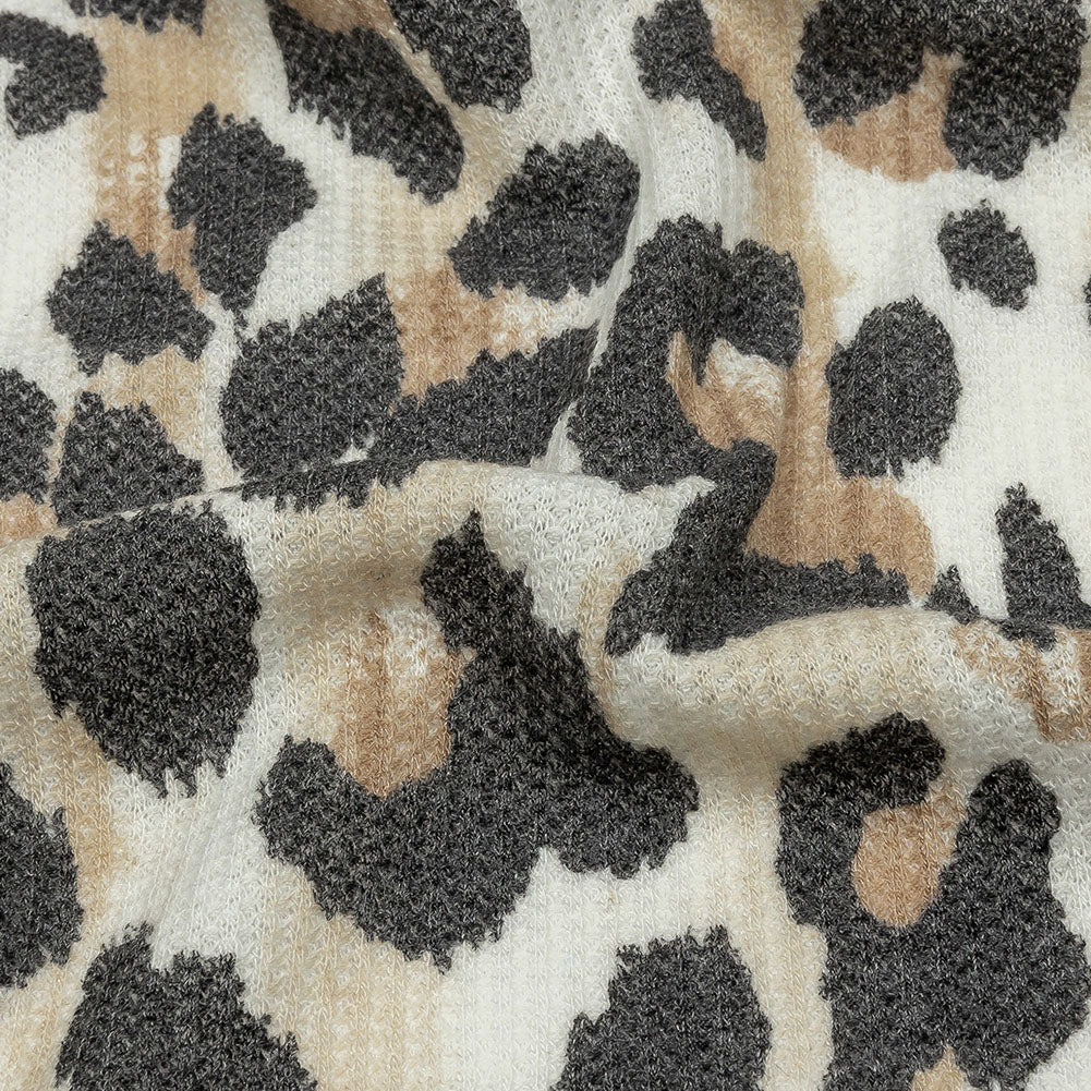 Black, Tan and White Leopard Spots Polyester and Rayon Waffle Knit
