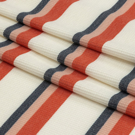 Coral, Navy and White Striped Polyester and Rayon Waffle Knit