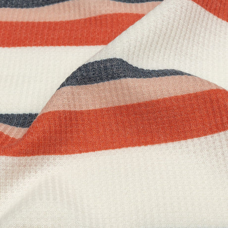 Coral, Navy and White Striped Polyester and Rayon Waffle Knit