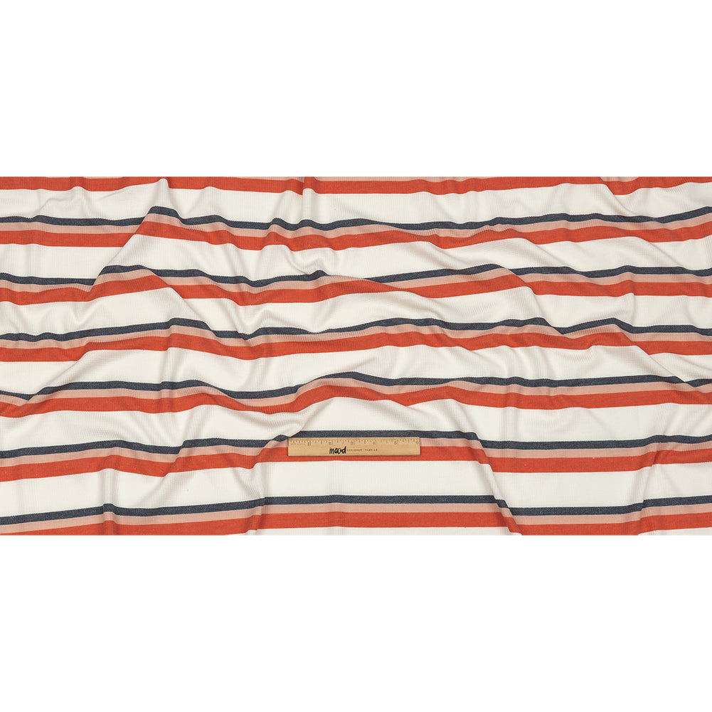 Coral, Navy and White Striped Polyester and Rayon Waffle Knit