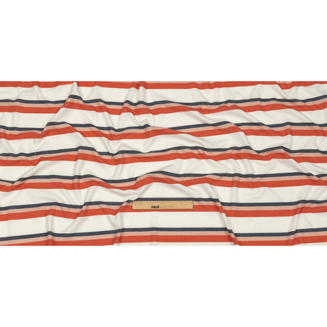 Coral, Navy and White Striped Polyester and Rayon Waffle Knit