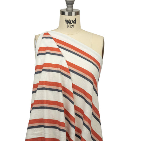 Coral, Navy and White Striped Polyester and Rayon Waffle Knit