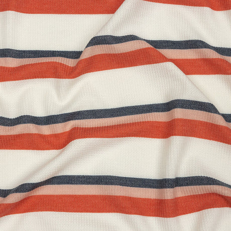 Coral, Navy and White Striped Polyester and Rayon Waffle Knit