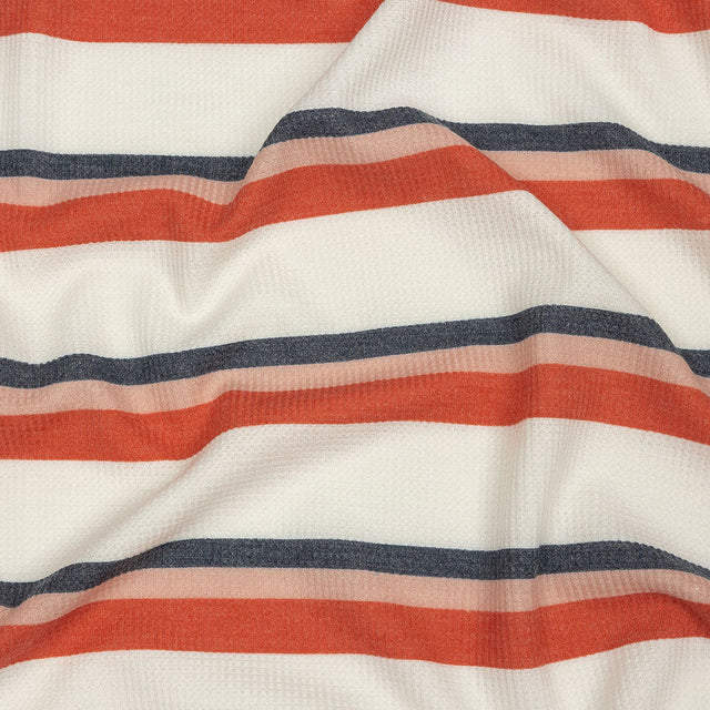 Coral, Navy and White Striped Polyester and Rayon Waffle Knit