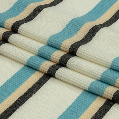 Black, Blue and Cream Striped Polyester and Rayon Waffle Knit