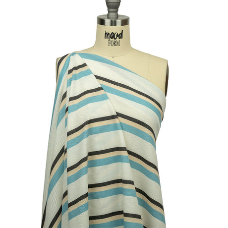 Black, Blue and Cream Striped Polyester and Rayon Waffle Knit