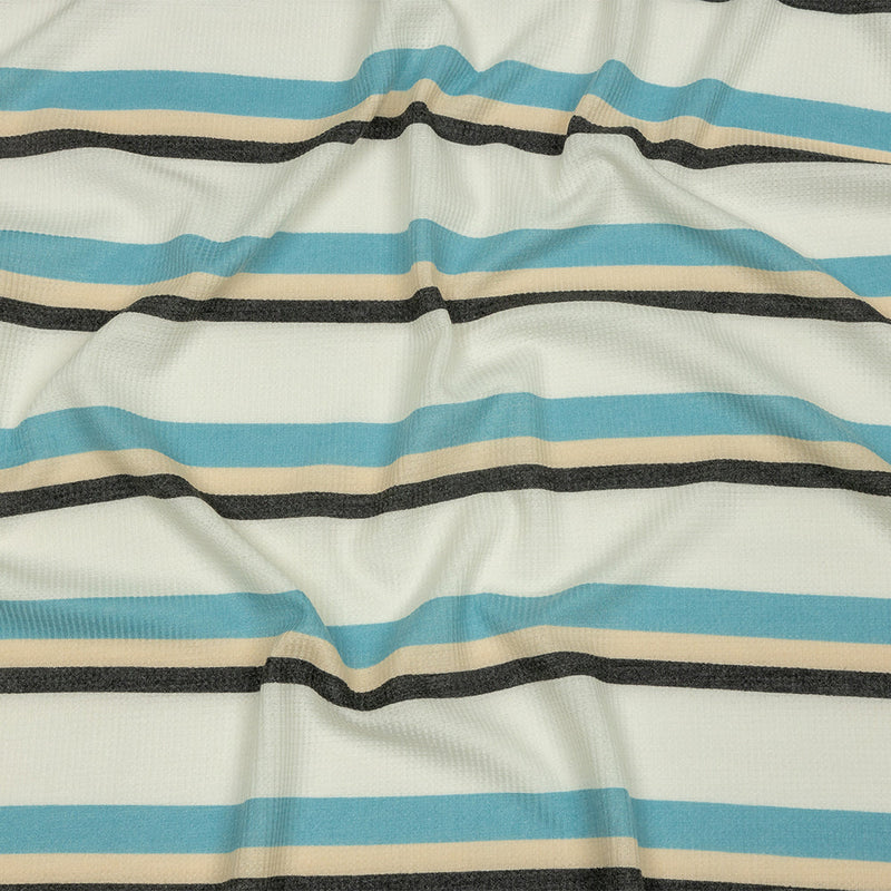 Black, Blue and Cream Striped Polyester and Rayon Waffle Knit