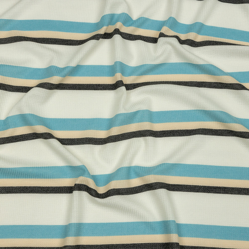 Black, Blue and Cream Striped Polyester and Rayon Waffle Knit