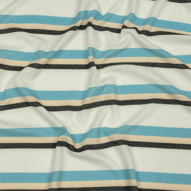 Black, Blue and Cream Striped Polyester and Rayon Waffle Knit