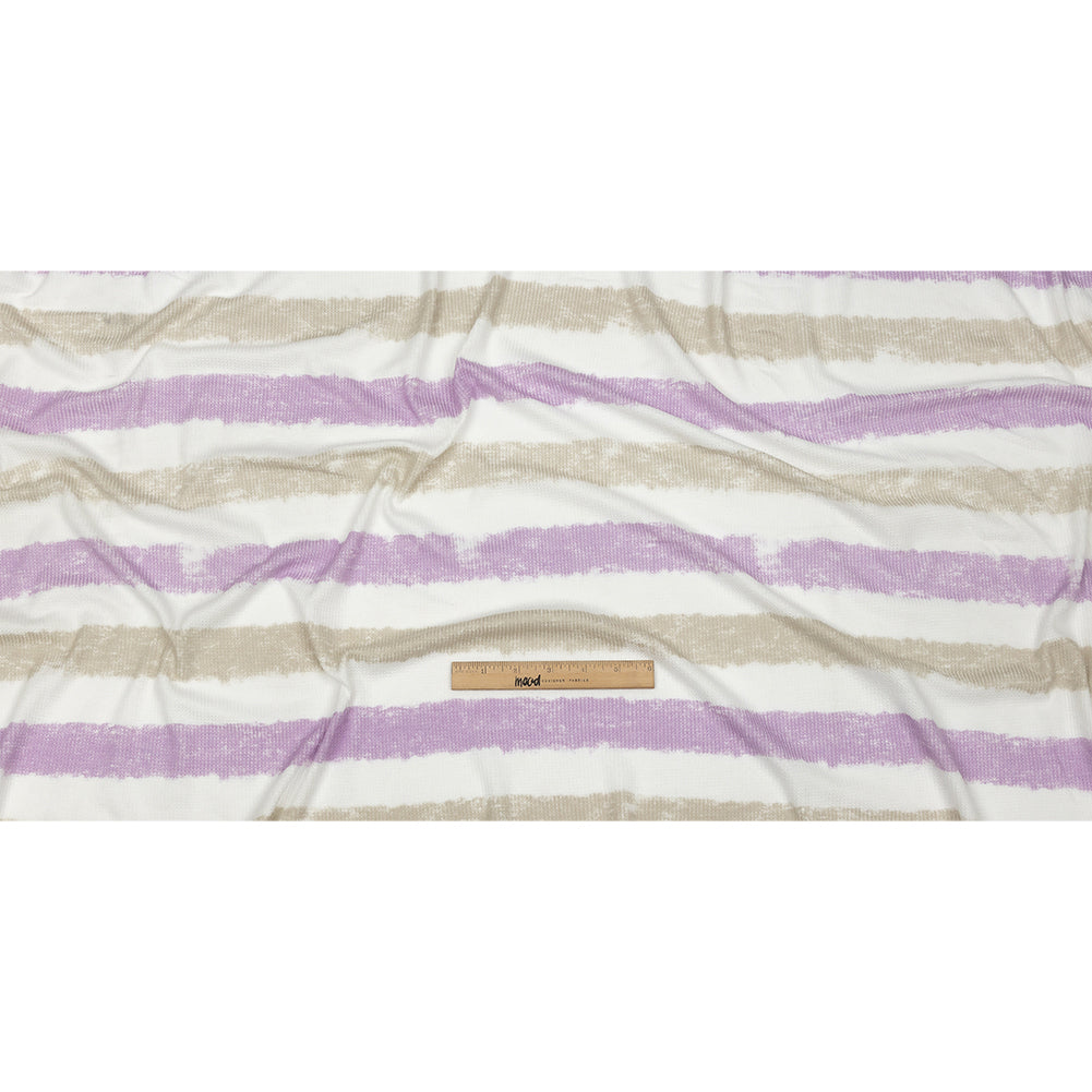 Beige, Lilac and White Painterly Stripes Polyester and Rayon Waffle Knit