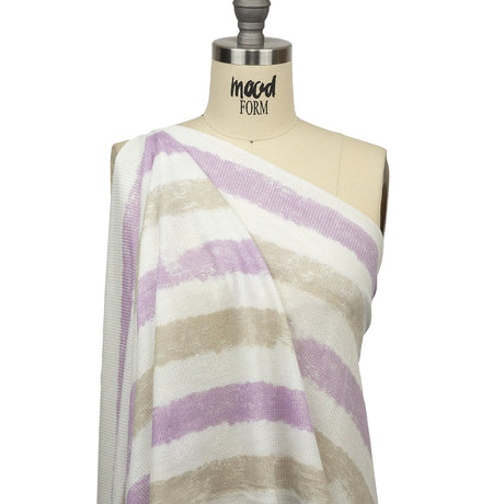 Beige, Lilac and White Painterly Stripes Polyester and Rayon Waffle Knit