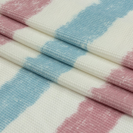 Sky, Rose and White Painterly Stripes Polyester and Rayon Waffle Knit