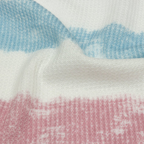 Sky, Rose and White Painterly Stripes Polyester and Rayon Waffle Knit