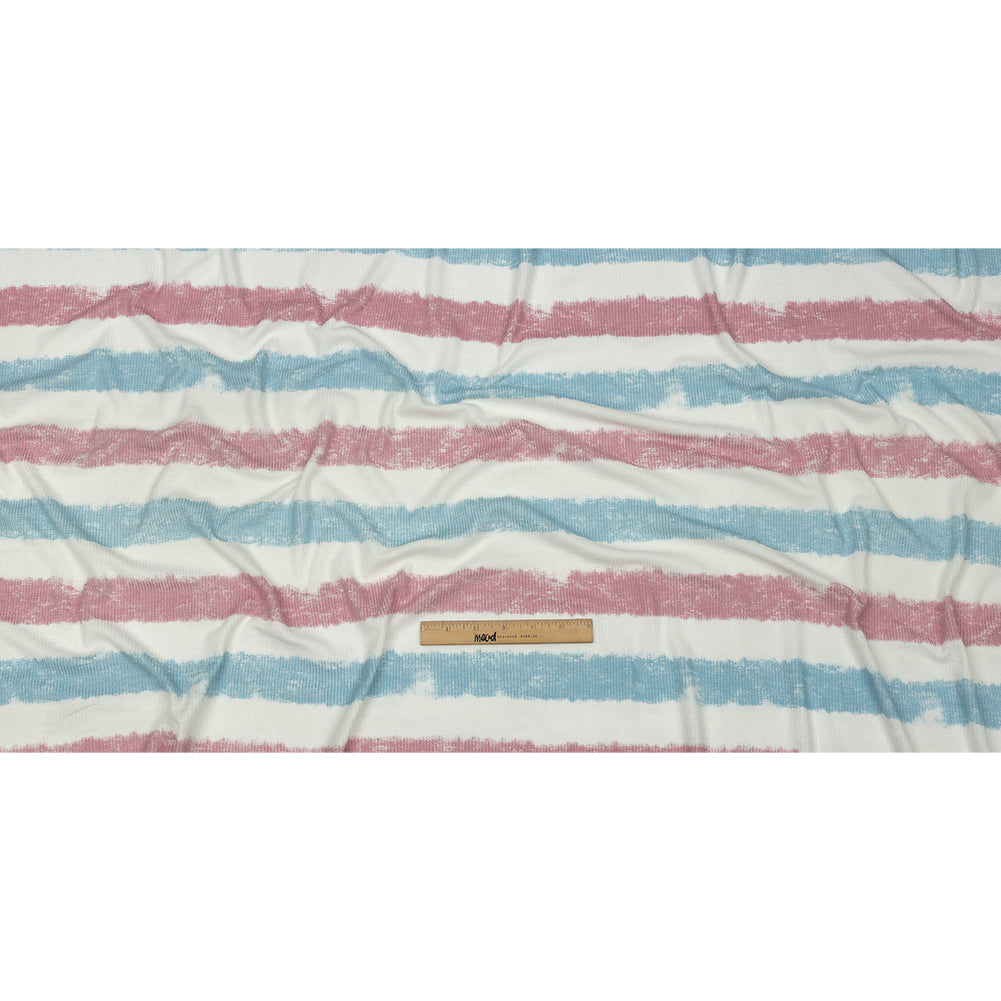 Sky, Rose and White Painterly Stripes Polyester and Rayon Waffle Knit