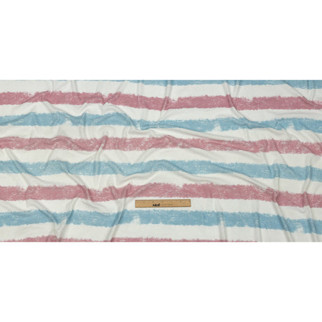 Sky, Rose and White Painterly Stripes Polyester and Rayon Waffle Knit