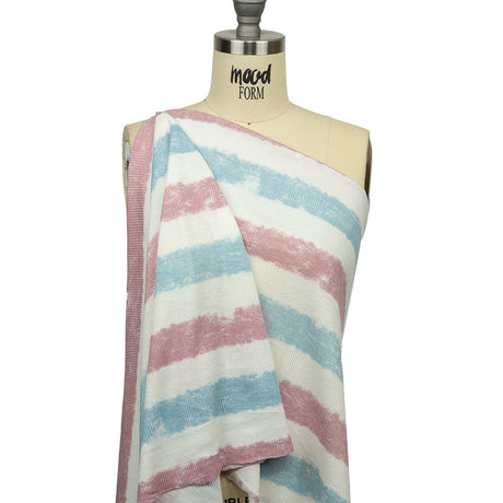 Sky, Rose and White Painterly Stripes Polyester and Rayon Waffle Knit