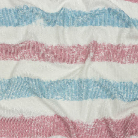 Sky, Rose and White Painterly Stripes Polyester and Rayon Waffle Knit