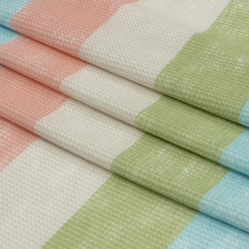 Celadon Green, Sky Blue and Pink Striped Polyester and Rayon Waffle Knit