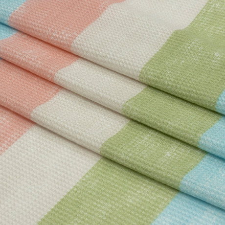 Celadon Green, Sky Blue and Pink Striped Polyester and Rayon Waffle Knit