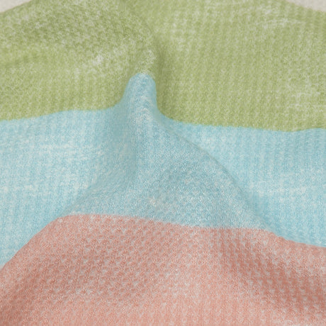 Celadon Green, Sky Blue and Pink Striped Polyester and Rayon Waffle Knit