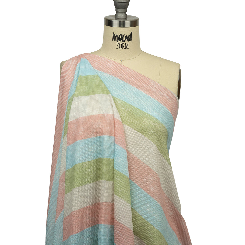 Celadon Green, Sky Blue and Pink Striped Polyester and Rayon Waffle Knit