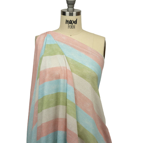 Celadon Green, Sky Blue and Pink Striped Polyester and Rayon Waffle Knit