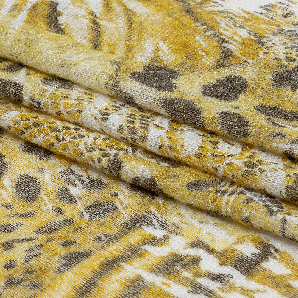 Yellow, White and Brown Animal Motley Polyester and Rayon Open Sweater Knit