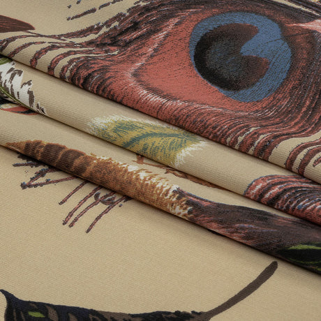 Beige, Red and Green Flying Feathers Polyester Woven